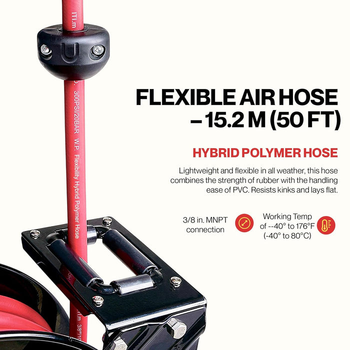 Reelworks Retractable Air Hose Reel – 3/8 in. x 15.2 m, Hybrid Polymer, 300 PSI, Swivel Mount