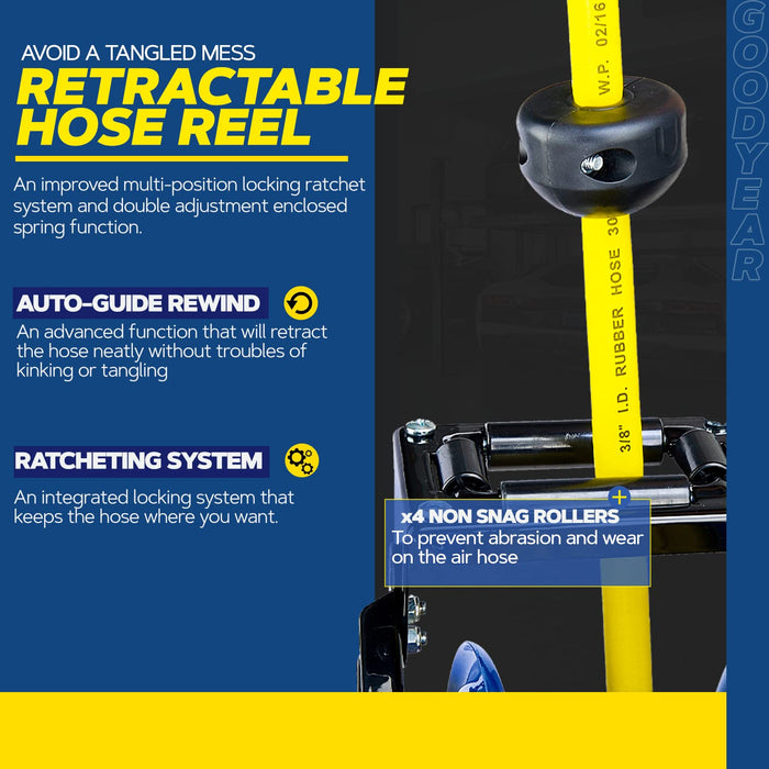 Goodyear Steel Retractable Hose Reel – 1/2 in. x 15.2 m, Rubber Hose, 300 PSI, Air/Water Compatible
