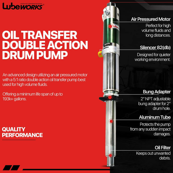 Lubeworks Oil Drum Pump – Double Action 5:1, 25 LPM Fast Flow, for SAE240 Fluids