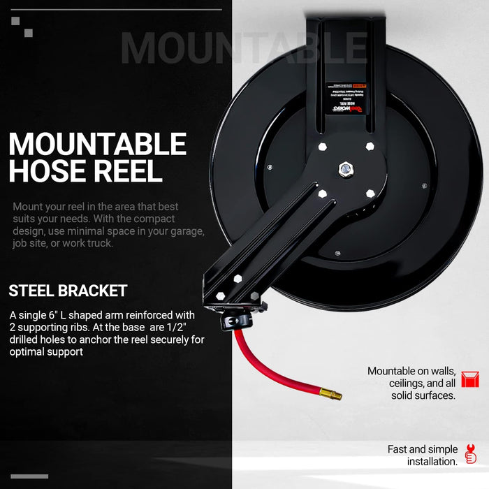 Reelworks Retractable Air Hose Reel – 3/8 in. x 24.4 m, Longest Hybrid Hose, 300 PSI, Steel Frame
