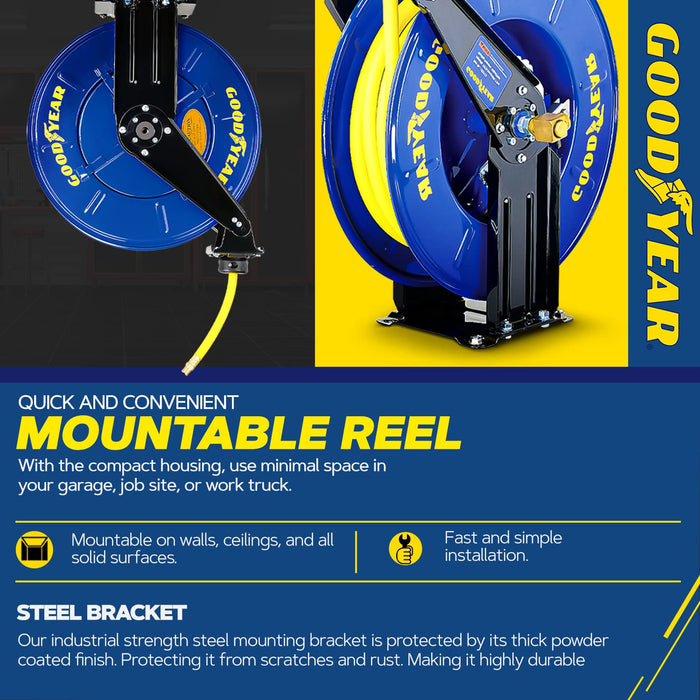 Goodyear Steel Retractable Hose Reel – 1/2 in. x 15.2 m, Rubber Hose, 300 PSI, Air/Water Compatible