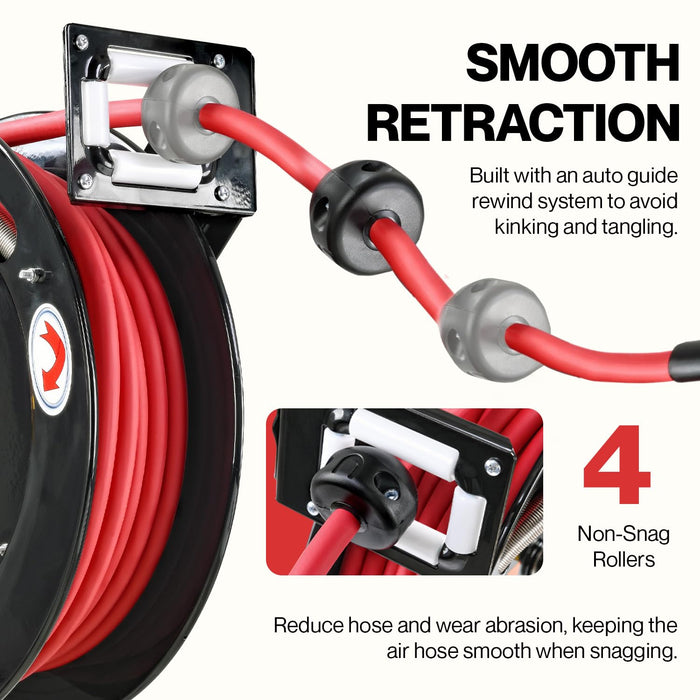 Reelworks Retractable Air Hose Reel – 3/8 in. x 15.2 m, 300 PSI, SBR Rubber, Steel Frame