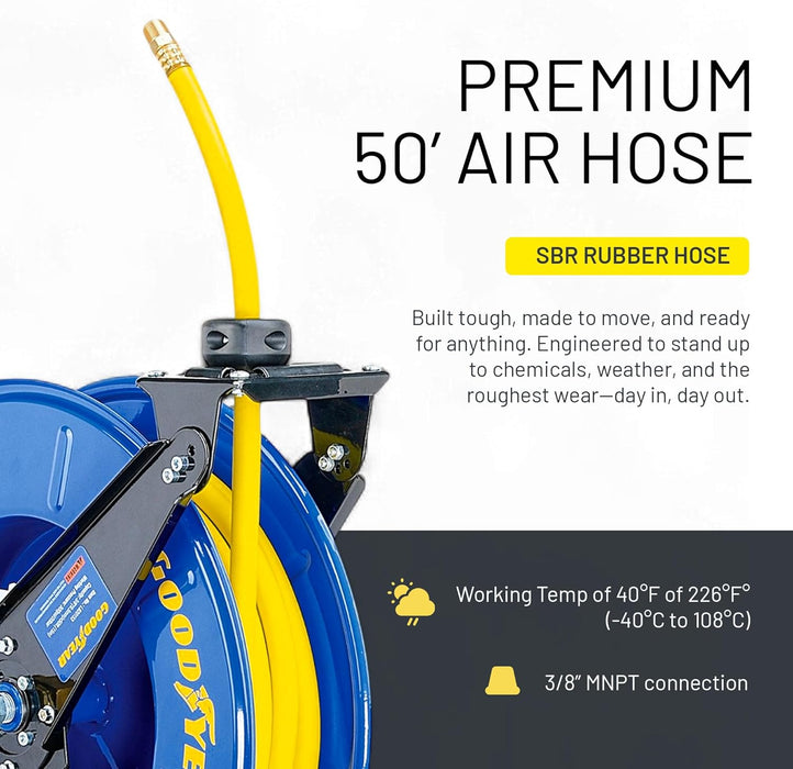GOODYEAR Air/Water Hose Reel Retractable Spring Driven 3/8" Inch x 50' Feet Long Premium Commercial SBR Hose Max 300 Psi Reinforced Steel Construction Heavy Duty Industrial Dual Arm & Pedestal