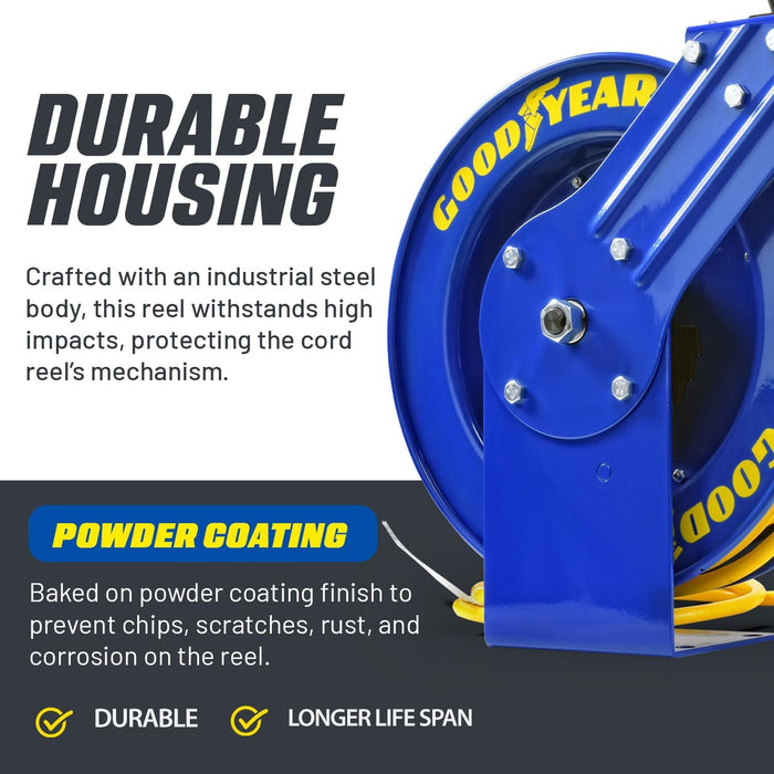 Goodyear Retractable Extension Cord Reel – 12AWG x 24.4 m, Triple Tap, Mountable, Heavy-Duty Cable