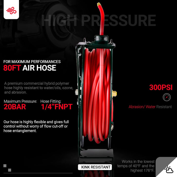 Reelworks Retractable Air Hose Reel – 3/8 in. x 24.4 m, Longest Hybrid Hose, 300 PSI, Steel Frame