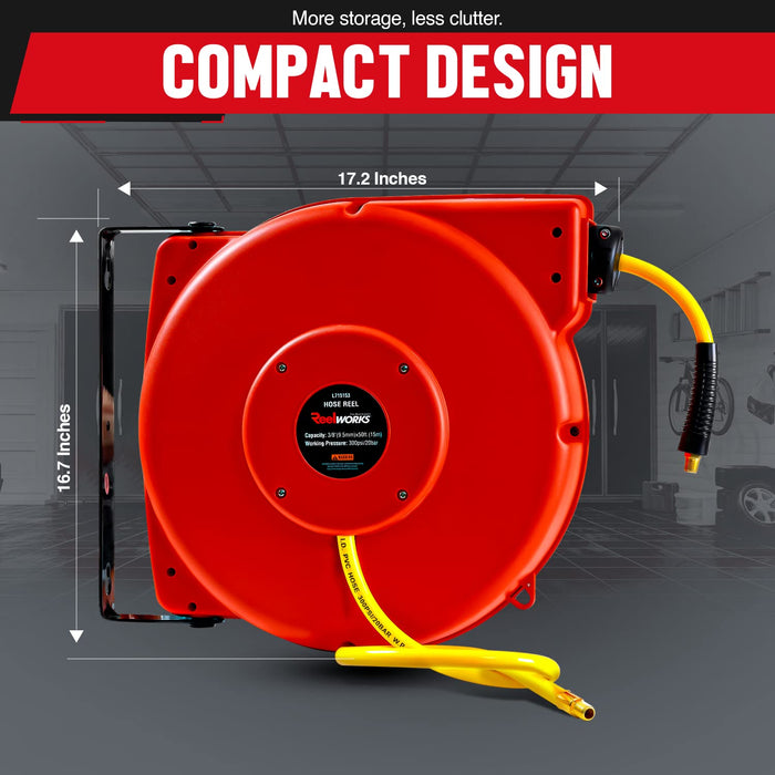 Reelworks Retractable Air & Water Hose Reel – 3/8 in. x 15.2 m Hybrid Flex Hose, 300 PSI Max, Spring-Driven, Wall-Mount Polypropylene Case