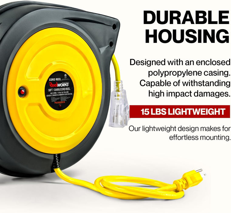Reelworks Retractable Cord Reel – 15 m, 12AWG Glow Cable, Lighted Triple Tap