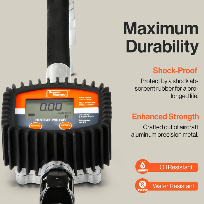 SuperHandy Digital Oil Control Valve Flow Meter Dispenser Nozzle 10 GPM / 35 LPM Heavy Duty Air Operated Pneumatic 1/2" Inch NPT Inlet Pressure Range 7-725 Psi Flexible Spout (Not for Gasoline)