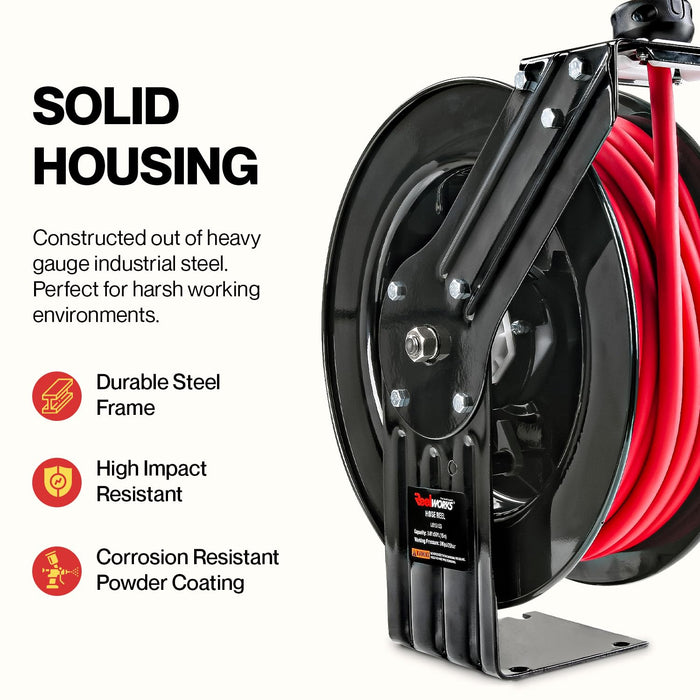 Reelworks Retractable Air Hose Reel – 3/8 in. x 15.2 m, 300 PSI, SBR Rubber, Steel Frame
