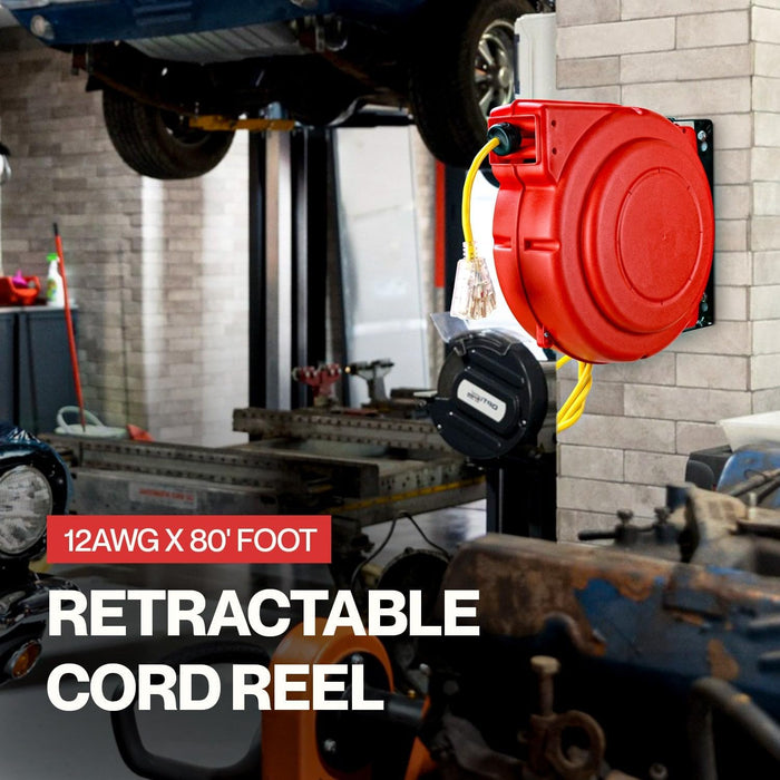 Reelworks Cord Reel – 12AWG x 24.4 m, Glow Cable, Triple Tap, 80 ft Reach, LED Strip, Indoor/Outdoor