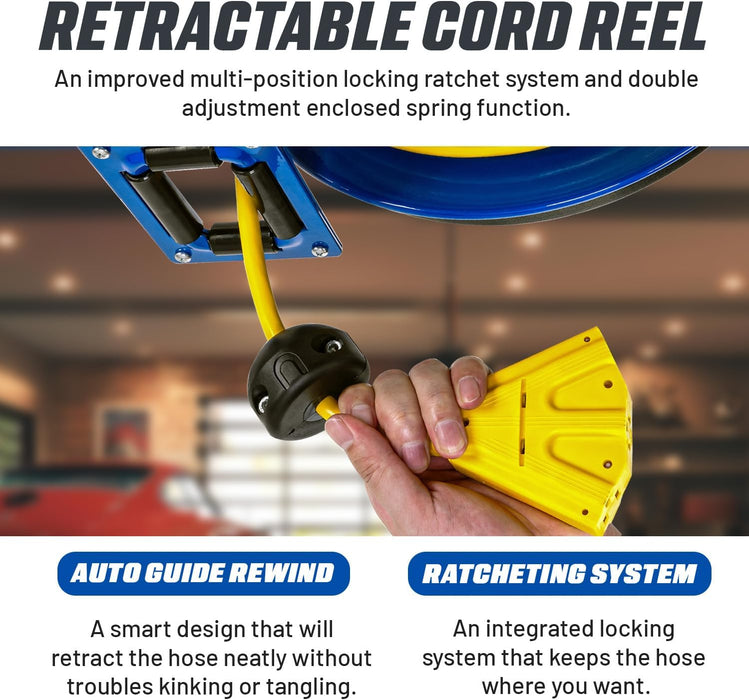 Goodyear Retractable Extension Cord Reel – 12AWG x 24.4 m, Triple Tap, Mountable, Heavy-Duty Cable