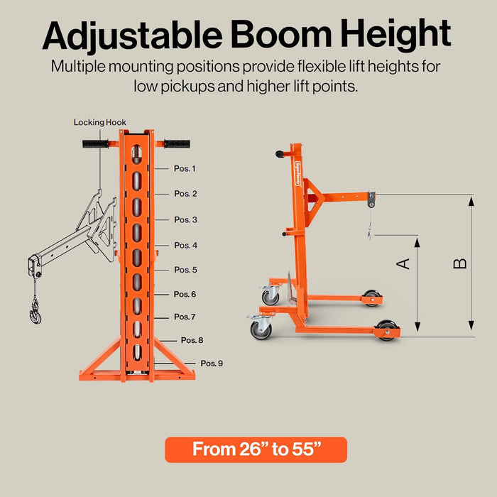 Superhandy Portable Hydraulic Crane Lift, Tool-Free Disassembly, Foot Pedal Operation, 6-Inch PU Wheels with Brakes, No Power Required, for Trucks, Garages & Workshops