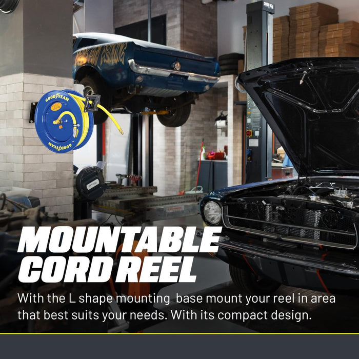 Goodyear Retractable Air/Water Hose Reel – 3/8 in. x 15.2 m, 21 bar Max, Reinforced Steel Build