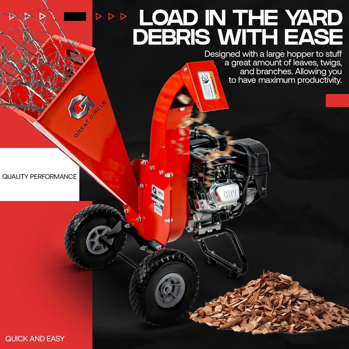Great Circle USA Mini Wood Chipper Shredder Mulcher Ultra Duty 7 HP Gas Powered 3" Inch Max Wood Capacity EPA/CARB Certified Aids in Fire Prevention and Building Firebreaks