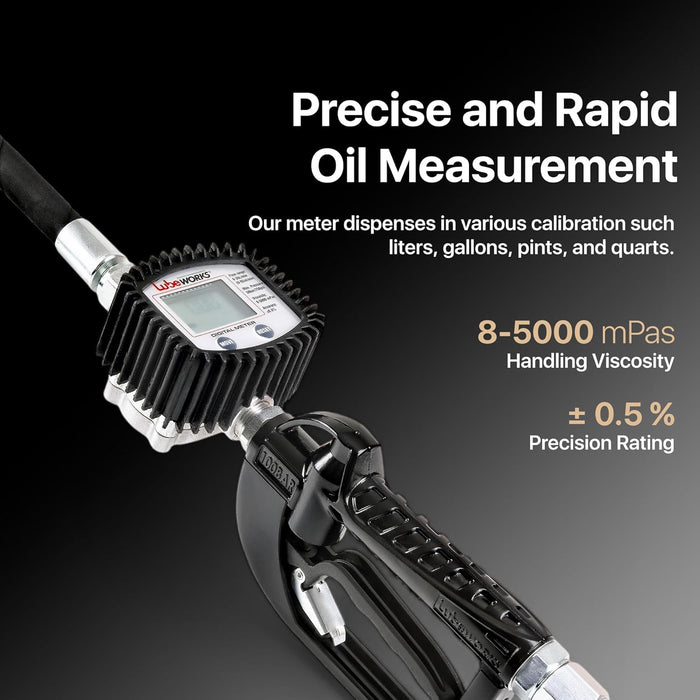 Lubeworks Oil Control Valve Digital Meter Dispensing Nozzle 10GPM/35LPM Heavy Duty Air Operated Pneumatic 1/2" inch NPT Inlet Pressure Range 7-725 Psi 5-50 Bar with Flexible Spout (Not for Gasoline)