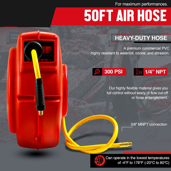 Reelworks Retractable Air & Water Hose Reel – 3/8 in. x 15.2 m Hybrid Flex Hose, 300 PSI Max, Spring-Driven, Wall-Mount Polypropylene Case