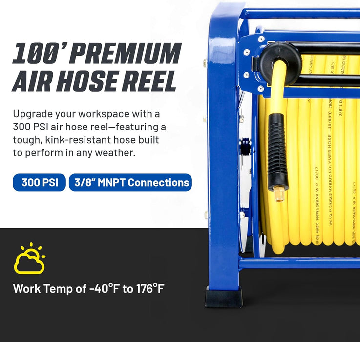 Goodyear Retractable Air Hose Reel – 3/8 in. x 30.5 m, 300 PSI, Flex Hybrid, Steel Frame, Portable