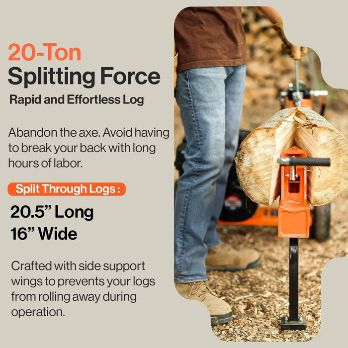 SuperHandy Log Splitter Gas Powered Portable 20 Ton Rapid Auto Return Ram System Bucher Gear Pump 7HP Engine Horizontal Full Beam Steel Wedge Firewood Splitting Forestry Harvesting