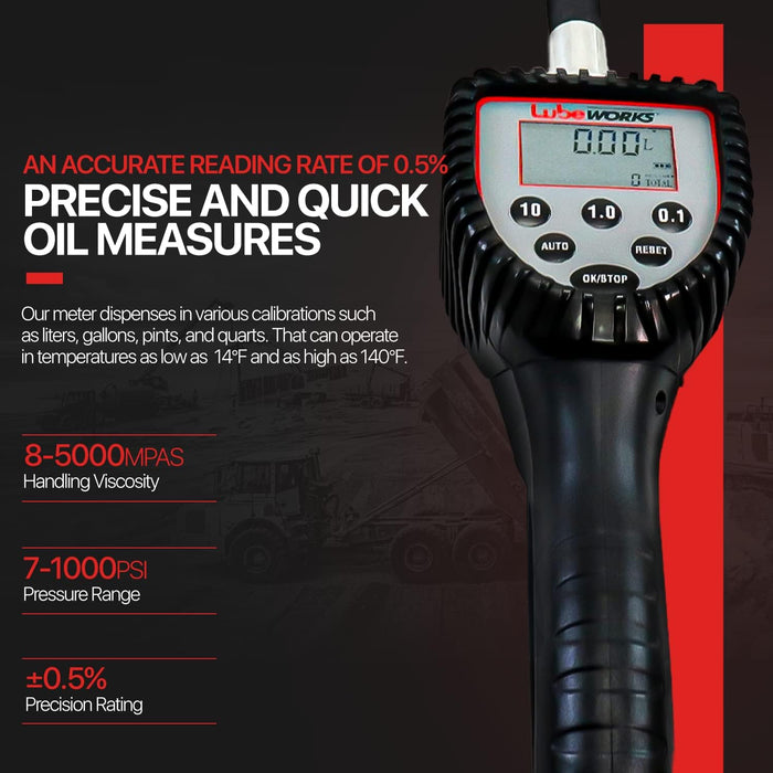 Lubeworks Oil Control Valve Meter Nozzle – Digital, Preset, 35 LPM, 1/2 in. NPT, 0.5–70 bar, Flexible Spout