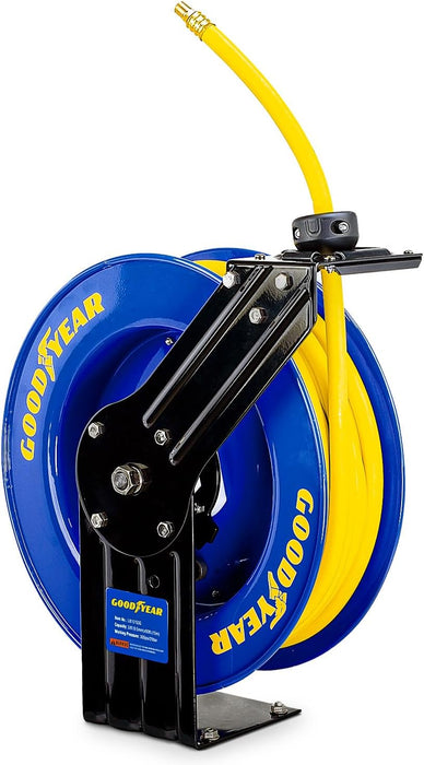 Goodyear Retractable Air/Water Hose Reel – 3/8 in. x 15.2 m, 21 bar Max, Reinforced Steel Build