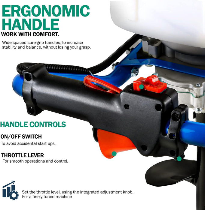 Landworks Earth Auger Power Head – 3HP 52cc Gas, 20 cm x 76 cm Bit, for Post Holes & Drilling