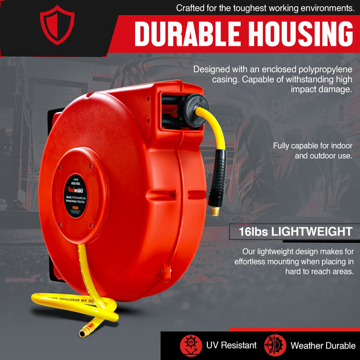Reelworks Retractable Air & Water Hose Reel – 3/8 in. x 15.2 m Hybrid Flex Hose, 300 PSI Max, Spring-Driven, Wall-Mount Polypropylene Case
