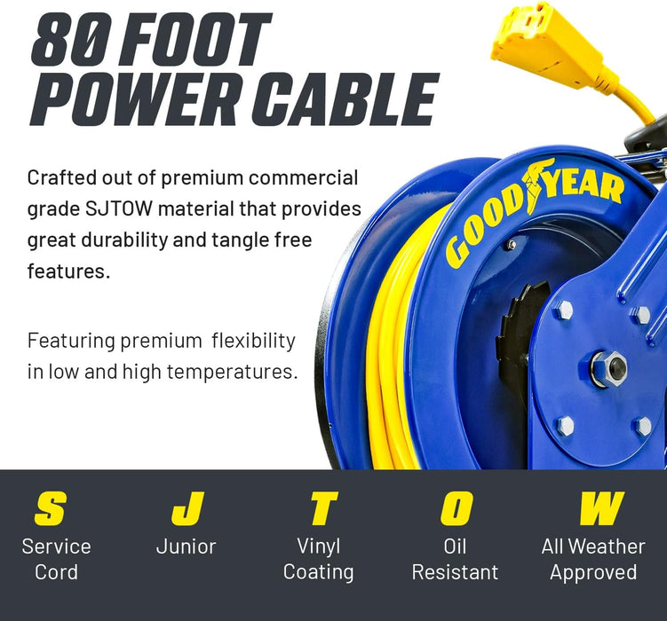 Goodyear Retractable Extension Cord Reel – 12AWG x 24.4 m, Triple Tap, Mountable, Heavy-Duty Cable