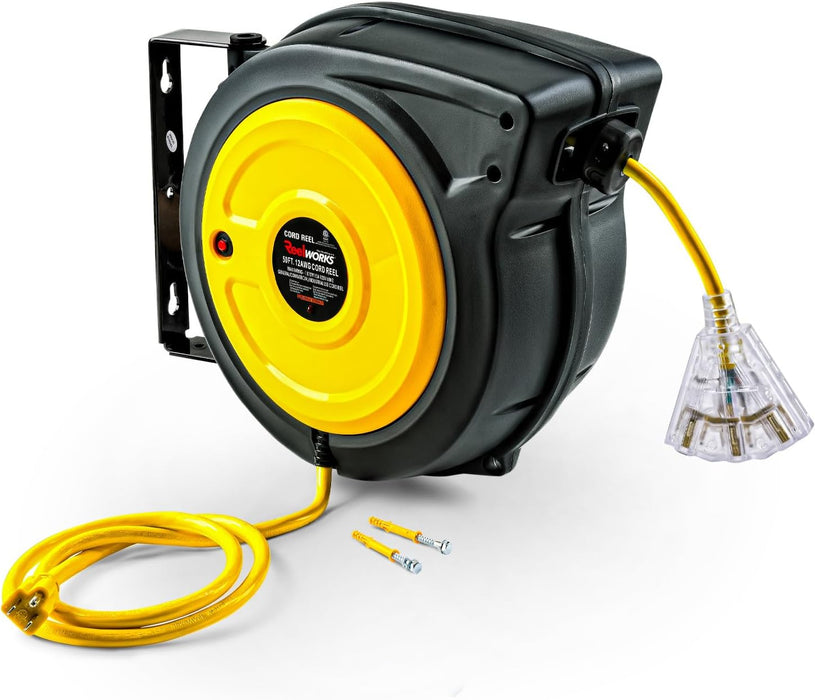 Reelworks Retractable Cord Reel – 15 m, 12AWG Glow Cable, Lighted Triple Tap