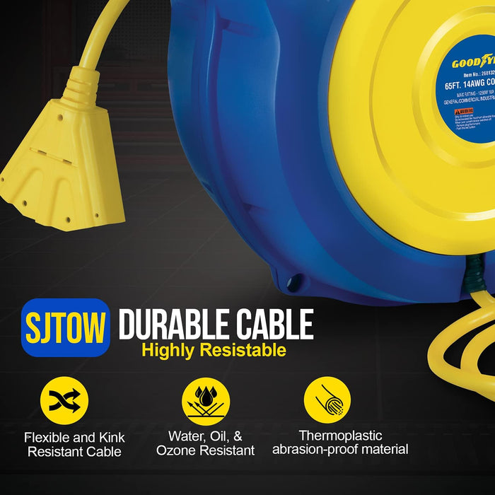 Goodyear Retractable Extension Cord Reel – 14AWG x 19.8 m, Triple Tap, 1250W Rated, Industrial Grade
