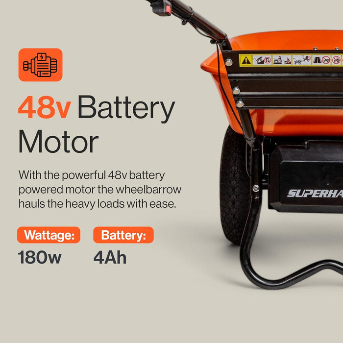 SuperHandy Electric Wheelbarrow – 48V 2Ah Li-Ion Battery, 330 lbs (150 kg) Capacity, 3 Cu.Ft. Steel Powder Coated Tub, Material & Debris Hauler Utility Cart