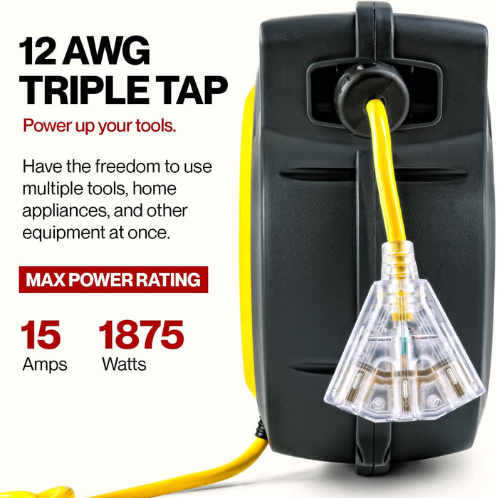 Reelworks Retractable Cord Reel – 15 m, 12AWG Glow Cable, Lighted Triple Tap
