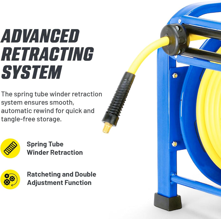 Goodyear Retractable Air Hose Reel – 3/8 in. x 30.5 m, 300 PSI, Flex Hybrid, Steel Frame, Portable