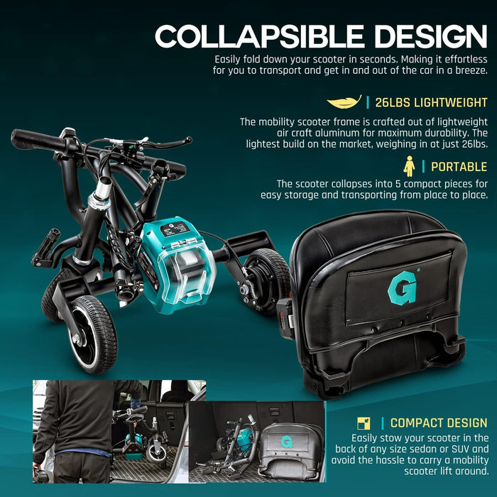 G Folding Mobility Scooter – 3-Wheel, 48V Li-ion, Lightweight, Airline-Friendly, 125 kg Capacity