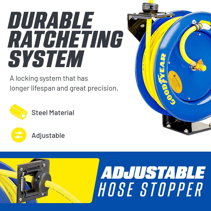 Goodyear Retractable Air/Water Hose Reel – 3/8 in. x 15.2 m, 21 bar Max, Reinforced Steel Build