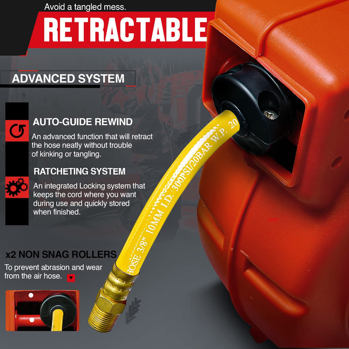 Reelworks Retractable Air & Water Hose Reel – 3/8 in. x 15.2 m Hybrid Flex Hose, 300 PSI Max, Spring-Driven, Wall-Mount Polypropylene Case