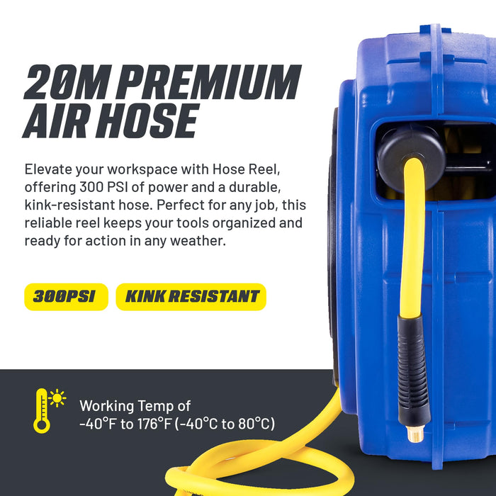 Goodyear Retractable Air Hose Reel – 3/8 in. x 19.8 m, 300 PSI, Flex Hybrid, Polypropylene Case