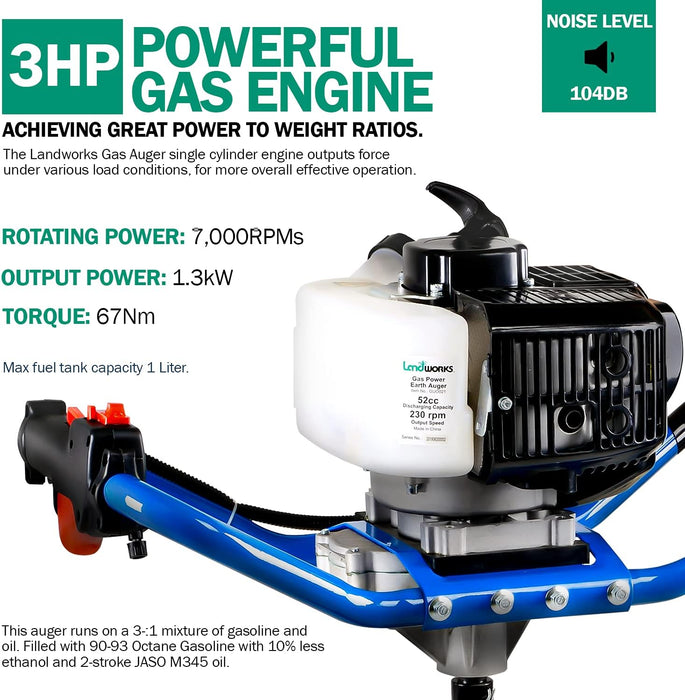 Landworks Earth Auger Power Head – 3HP 52cc Gas, 20 cm x 76 cm Bit, for Post Holes & Drilling