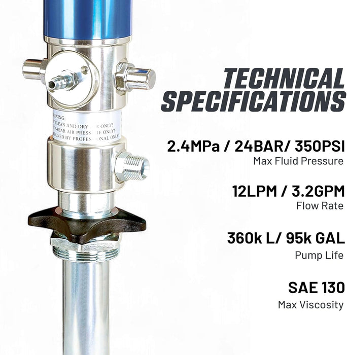 Goodyear Oil Transfer Pump Air Operated Pneumatic 3.1GPM / 12LPM PRO Heavy Duty Double Action 3:1 Fast High Flow Rate for SAE130 Oils/Fluids (NOT for Gasoline or Diesel)