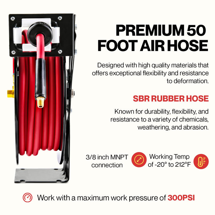 Reelworks Retractable Air Hose Reel – 3/8 in. x 15.2 m, 300 PSI, SBR Rubber, Steel Frame