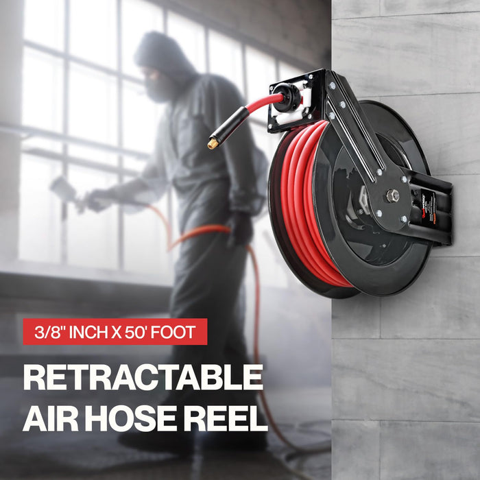 Reelworks Retractable Air Hose Reel – 3/8 in. x 15.2 m, 300 PSI, SBR Rubber, Steel Frame