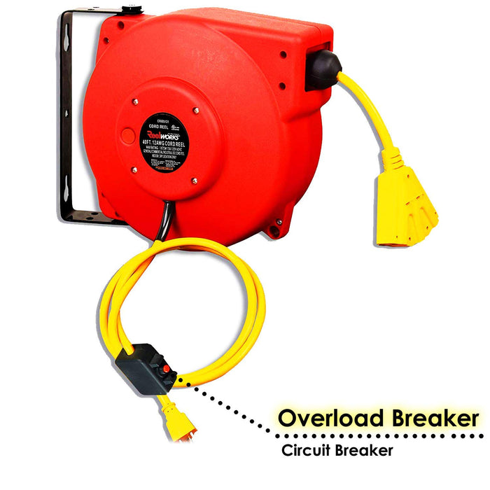 Reelworks Retractable Cord Reel – 12AWG x 12.2 m, Polypropylene Case, 15A, 1875W Max Indoor Use