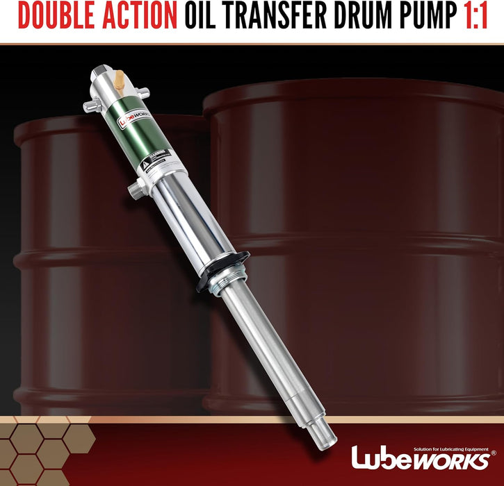 Lubeworks Oil Transfer Drum Pump Double Action 1:1 Fast High Flow Rate 8.5GPM / 32LPM for SAE130 Oils/Fluids
