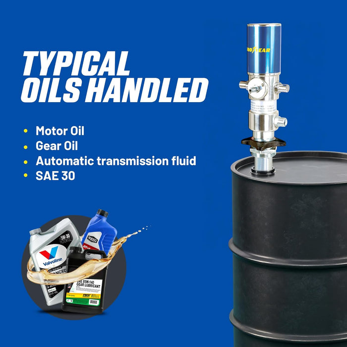 Goodyear Oil Transfer Pump Air Operated Pneumatic 3.1GPM / 12LPM PRO Heavy Duty Double Action 3:1 Fast High Flow Rate for SAE130 Oils/Fluids (NOT for Gasoline or Diesel)