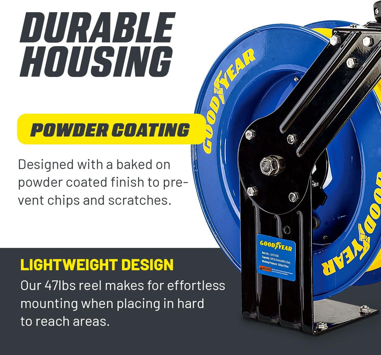 Goodyear Retractable Air/Water Hose Reel – 3/8 in. x 15.2 m, 21 bar Max, Reinforced Steel Build