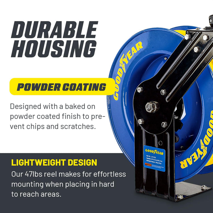 Goodyear Air Hose Reel – 3/8 in. x 15.2 m, Rubber Hose, Steel Retractable Frame, 300 PSI