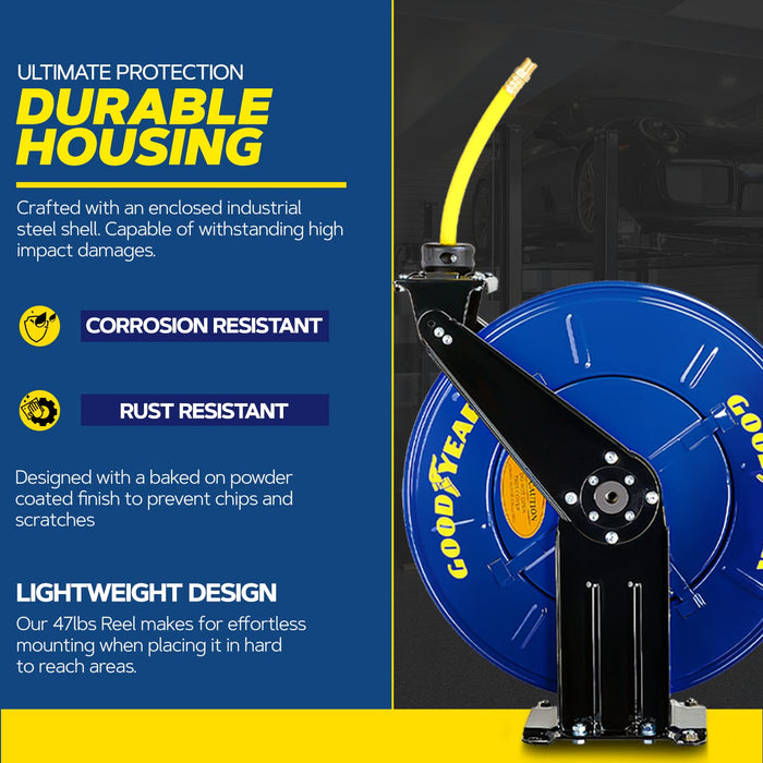 Goodyear Steel Retractable Hose Reel – 1/2 in. x 15.2 m, Rubber Hose, 300 PSI, Air/Water Compatible