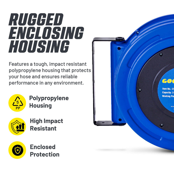 Goodyear Retractable Air Hose Reel – 3/8 in. x 19.8 m, 300 PSI, Flex Hybrid, Polypropylene Case