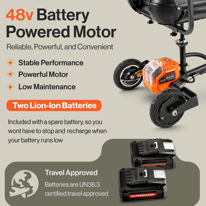 SuperHandy Passport Plus Mobility Scooter – Foldable 3-Wheel, 150 kg Capacity, Dual 48V Batteries, 45 cm Seat, Airline-Friendly