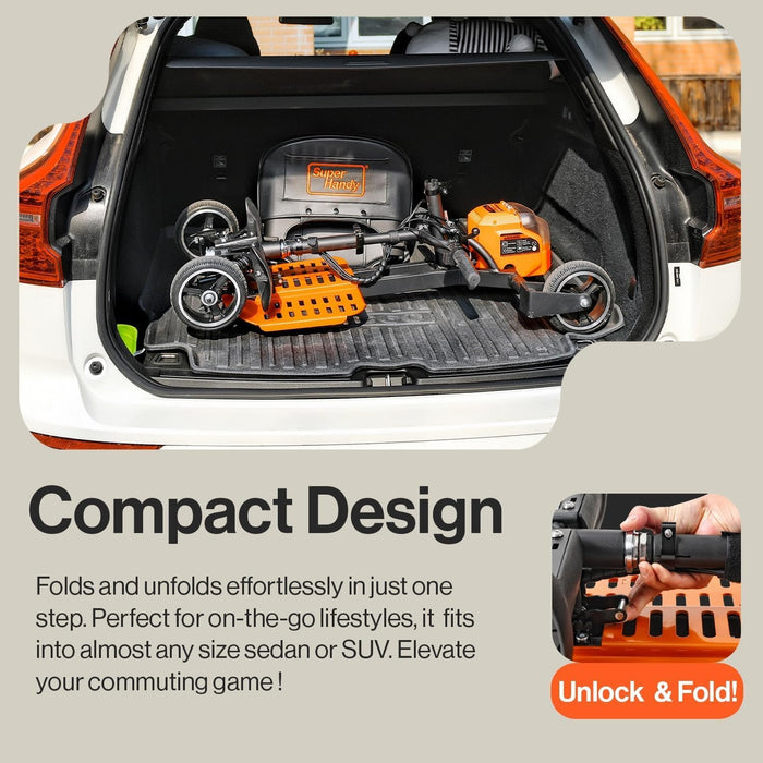 SuperHandy Passport Pro Mobility Scooter - Foldable Aluminum Frame, 4 Wheels, Includes 2 48V 2Ah Li-Ion Batteries & Charger, Supports up to 330 Lbs [Patent Pending] (Orange & Black, 330 Lbs)