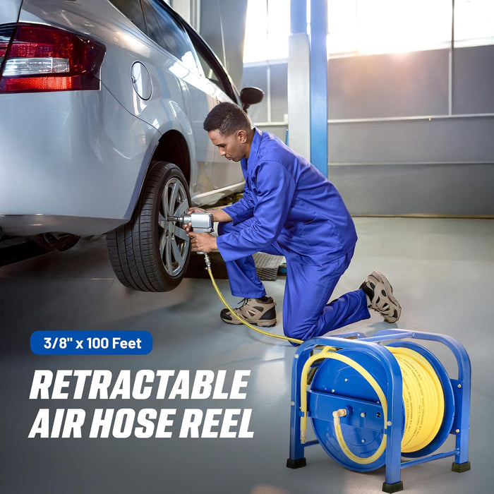 Goodyear Retractable Air Hose Reel – 3/8 in. x 30.5 m, 300 PSI, Flex Hybrid, Steel Frame, Portable
